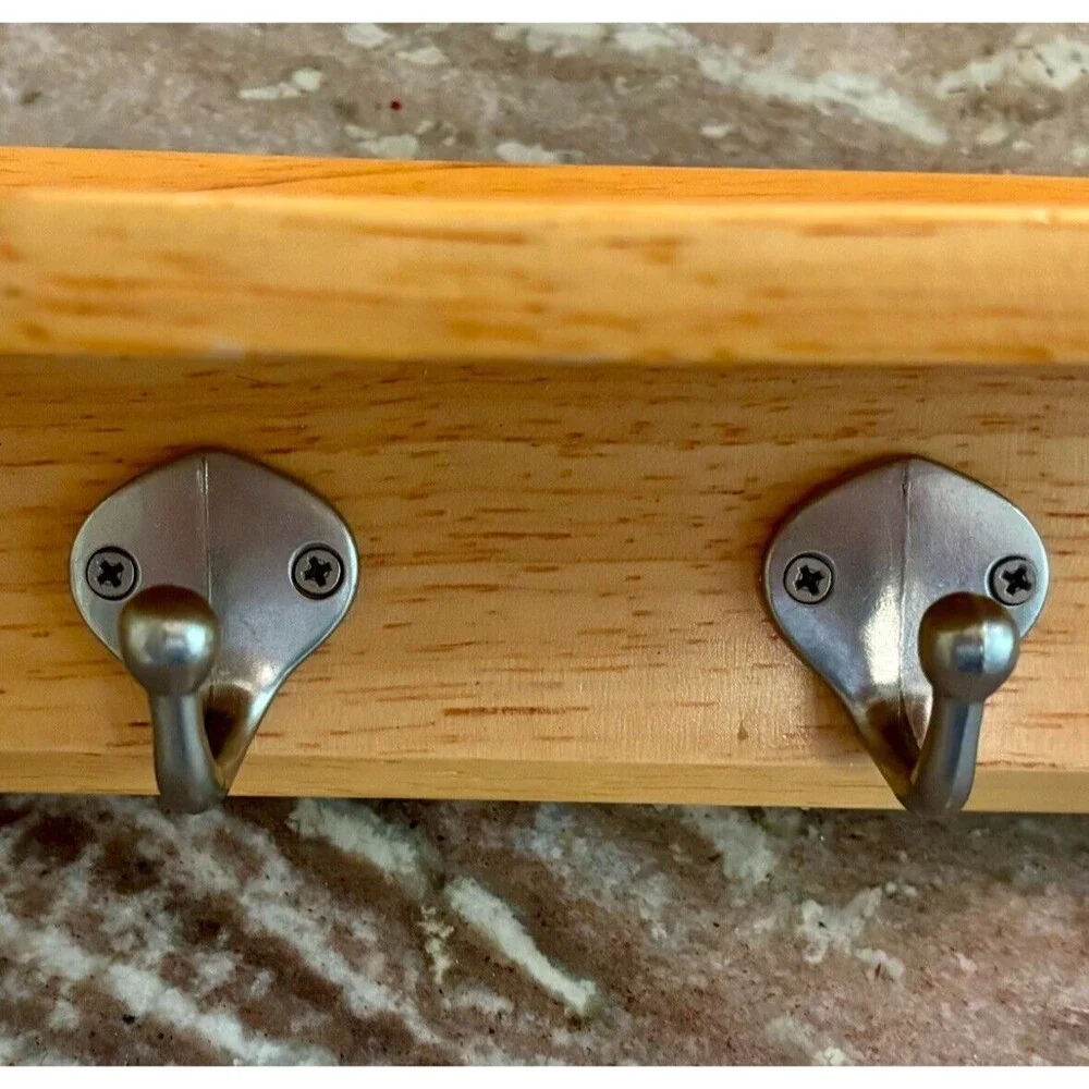 Oak TIE & BELT ORGANIZER. 24 Brushed Chrome Color Pegs, 2 Hooks & Shelf